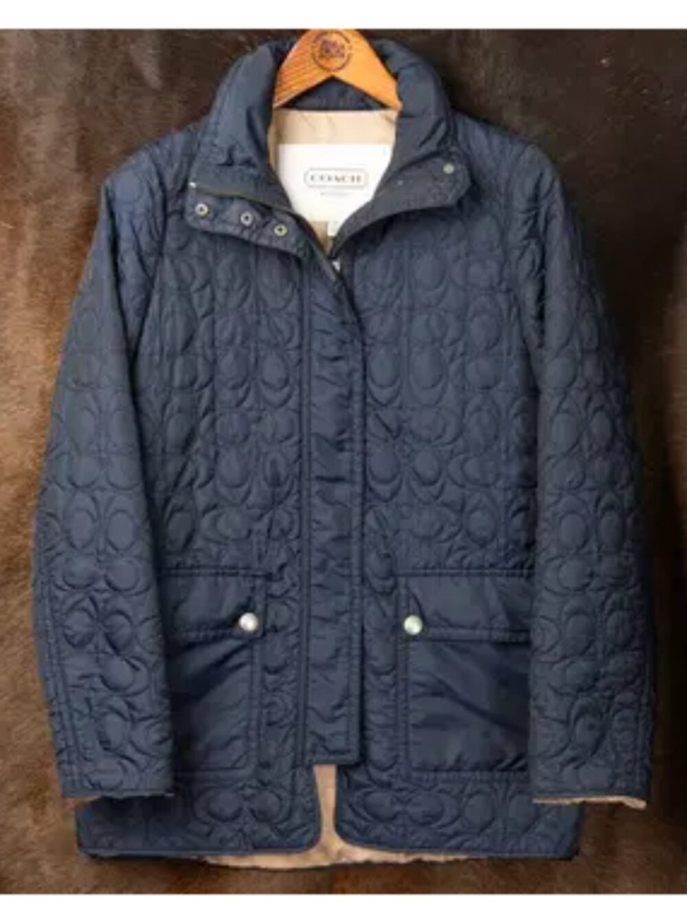 Coach Quilted Lightweight Hooded Coat/Jacket w/Pockets, Navy Blue - Size Large